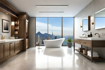 Spacious bathroom with decorative concrete style tiles