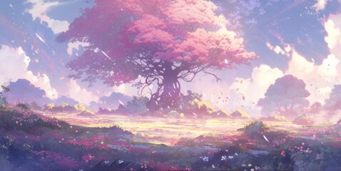 anime styled pink huge oak tree with beautiful fields