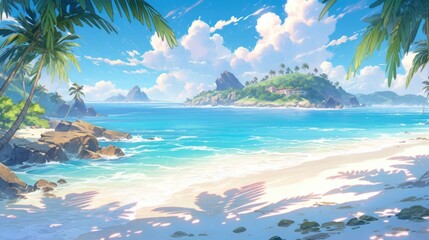 Fototapeta na wymiar anime styled remote tropical island paradise landscape