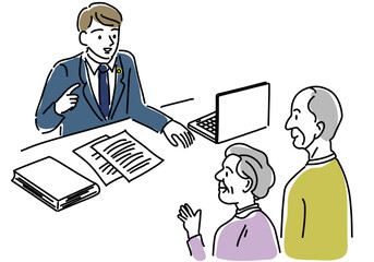 弁護士に相談する老夫婦のシンプル線画イラスト