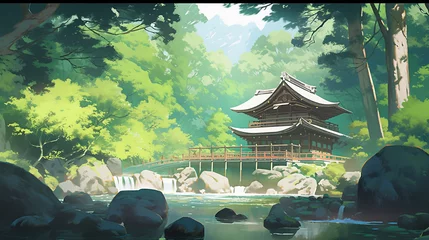 Fotobehang Blauwgroen japan temple, forest, waterfall, river, calm, anime style