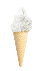 Tasty ice cream in waffle cone isolated on white. Soft serve