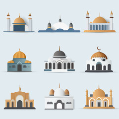 Collection of mosques with different architectural shapes. Vector artwork on white background