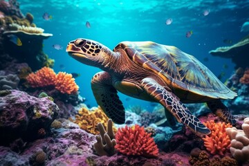 Obraz na płótnie Canvas Beautiful turtle under sea water. AI generated, human enhanced.