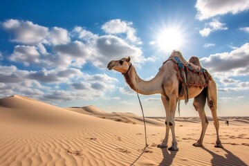 Camel in the desert. Background with selective focus and copy space. AI generated, human enhanced