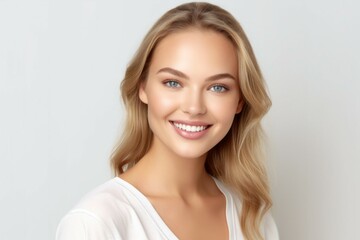 Beauty portrait of a pretty young Caucasian woman on light background with selective focus and copy space. AI generated