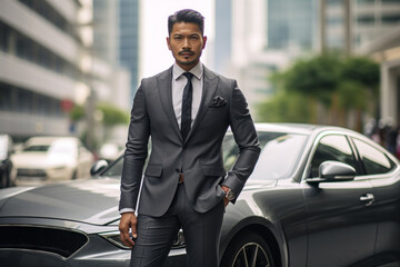 Fototapeta na wymiar Successful male businessman next to an expensive luxury car. Background with selective focus. AI generated