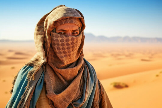 Man in the desert. Background with selective focus and copy space. AI generated, human enhanced