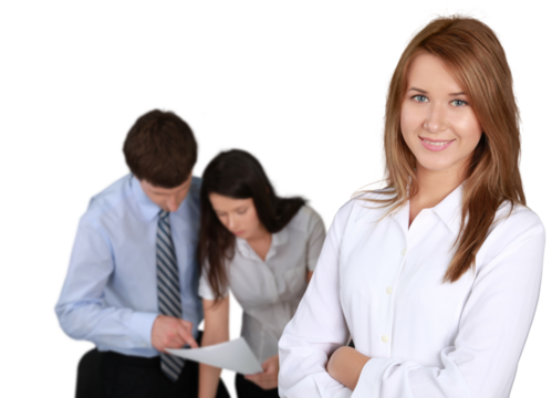 Friendly Businesswoman and Talking Collaborators in Background - Isolated