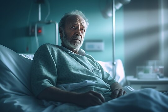 Portrait of senior man lying in hospital bed ai generated