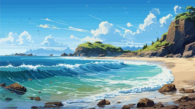 Sunny day on a tropical beach. Big rocks. Calm waves. Clear sky. Bright warm colors. The beauty of the sea. Seascape, work of art. Vector illustration design