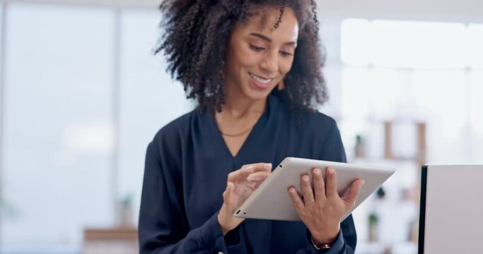 Tablet, woman and creative writer for business in office, working and typing email in startup. Technology, smile and African professional copywriter on internet for research, web app and reading.