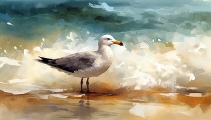 Bird on the Beach with Ocean Waves Crashing Behind the Scenes