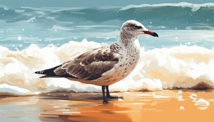 Obraz premium Bird on the Beach with Ocean Waves Crashing Behind the Scenes