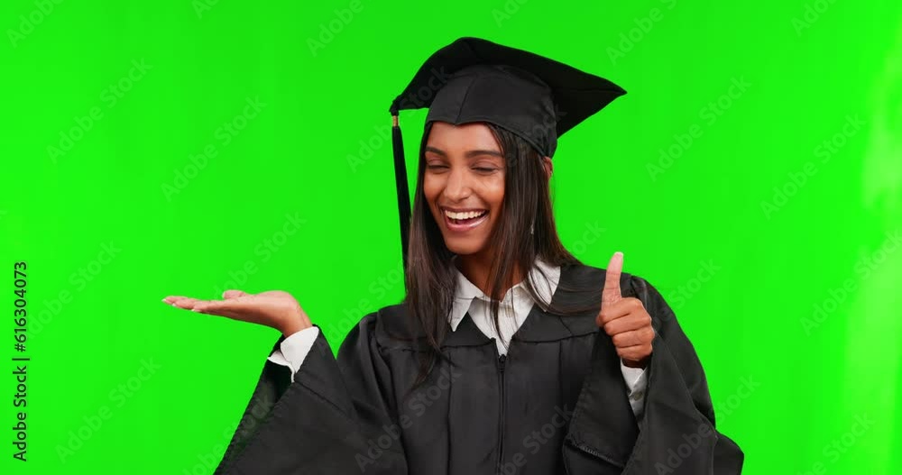 Poster Happy woman, student and palm with thumbs up on green screen for graduation success on a studio background. Portrait of female person or graduate with hand out, like emoji or yes sign for approval