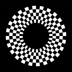 Circle checkerboard race frame, spiral design border pattern, copy space. Black background. EPS includes pattern swatch that will seamlessly fill any shape.