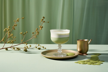 A refreshing matcha latte beverage with a golden cup resting alongside, perfect for any occasion