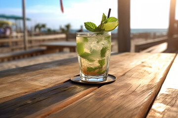 A refreshing glass of typical cuban mojito with a sprig of mint sitting on a table near a beach