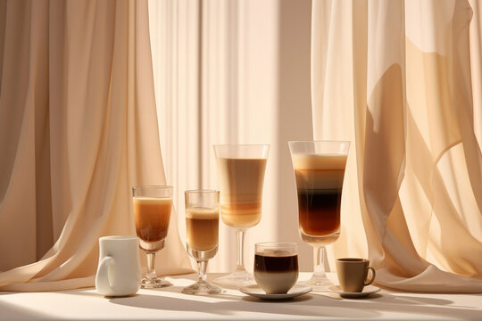 delicious coffee cups on a table and a morning light window