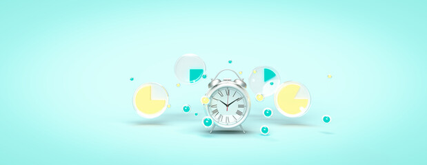 3d rendering glowing circles of analytics, dashboards and watch. Illustration on the topic of work, business, calculations, statistics, data, analytics. Minimal style. Blue background.