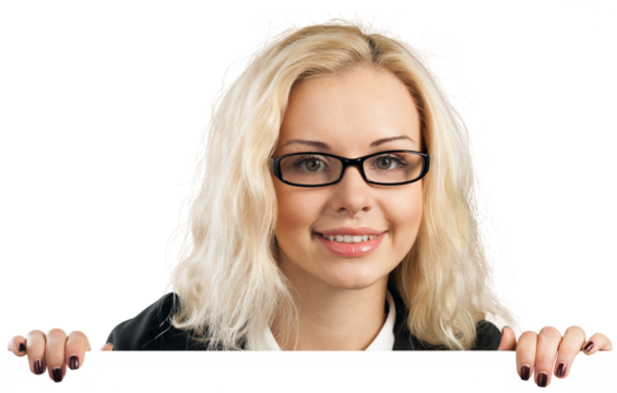 Friendly Businesswoman Holding Invisible Placeholder - Isolated