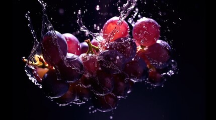 Plakat three grapes is splashed with water in Dark background