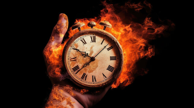 Clock on fire, time's burning end in fiery clock image