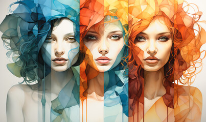 Obraz premium Embracing Diversity in Art: Captivating Women's Empowerment Through Vibrant Watercolor Paintings and Wall Murals. Illustration. 