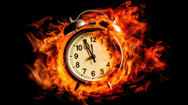 Clock on fire, time's burning end in fiery clock image