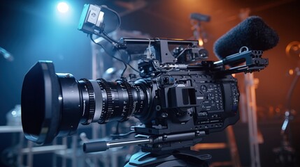 Professional video camcorder on field-looking studio