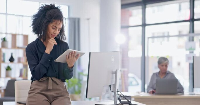 Tablet, woman and creative writer in office for business, working and typing email in startup. Technology, smile and African professional copywriter on internet for research, web app and lens flare.