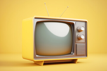 Vintage TV with a large domed screen on yak yellow background. Nostalgia, retro items from the 70s and 80s.