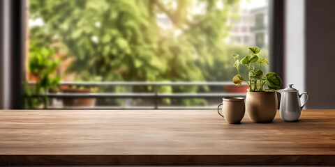 Fototapeta na wymiar Wood table and window with plant with sun light copy space blurred background, AI Generated