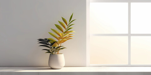 Wood table and window with plant with sun light copy space blurred background, AI Generated