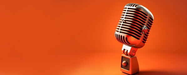 Vintage metal microphone, retro item on orange background, copy space. Art style microphone, classical music nostalgia - obrazy, fototapety, plakaty