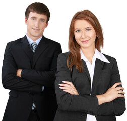 Businessman and Businesswoman Standing with Arms Folded - Isolated