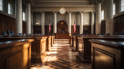 an empty courtroom with no people in USA, with American flags. Generative AI - obrazy, fototapety, plakaty