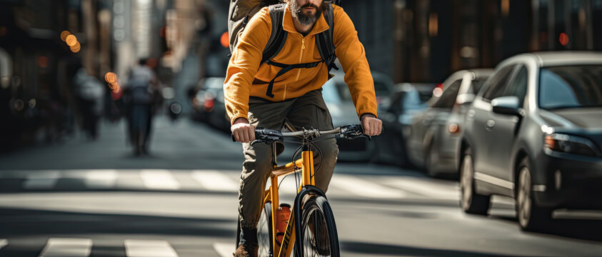 a bicycle courier with a large backpack on his way through the center of a large city. Generative AI