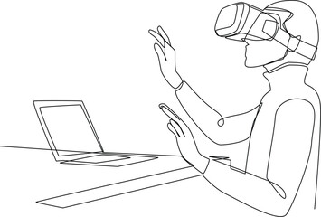 Simple continuous line draw of a man used virtual reality at work. Technology minimalist concept. technology, simple line, continuous line, vector. 