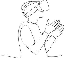 Simple continuous line draw of a man used virtual reality at work. Technology minimalist concept. technology, simple line, continuous line, vector. 