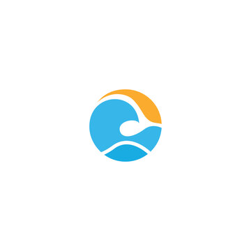 Ocean wave logo with sun design vector template.
