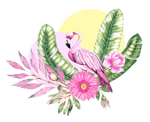 Obraz premium Tropical geometric composition with flamingos, banana leaves, flowers