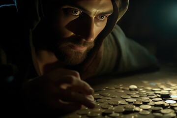 Judas 30 pieces of silver, sack thirty coins biblical symbol betrayal, religion, Bible A crown of thorns with thorns, a noose gallows ,creative reproduction of history Jesus Christ God