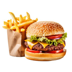 Hamburger and Fries American Fast Food Meal, Isolated on Transparent Background Illustration - obrazy, fototapety, plakaty
