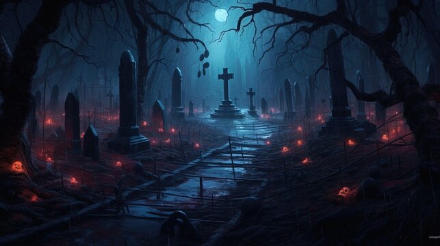 demonic graveyard, digital art illustration