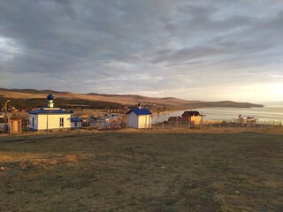 Nice white church at night on the island Olkhon Baikal