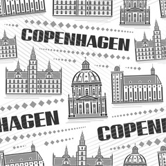 Vector Copenhagen Seamless Pattern, repeating background with illustration of famous european copenhagen city scape on white background, monochrome line art urban poster with black text copenhagen