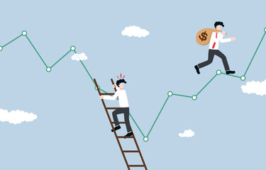 Lose opportunity to profit from stock market, false speculation concept, Businessman climbing down ladder against downtrend graph while another investor carrying money bag on uptrend graph.