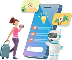 AI chat bot arrange smart vacation trip. Woman backpacker holding camera, carrying luggage enjoy her trip with online smart information from Artificial intelligence. 3D 