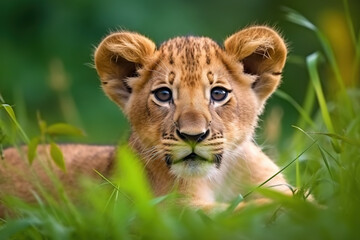 Obraz na płótnie Canvas Little lion cub resting on green pasture grass on summer. Wildlife Animals. Illustration. Generative AI.